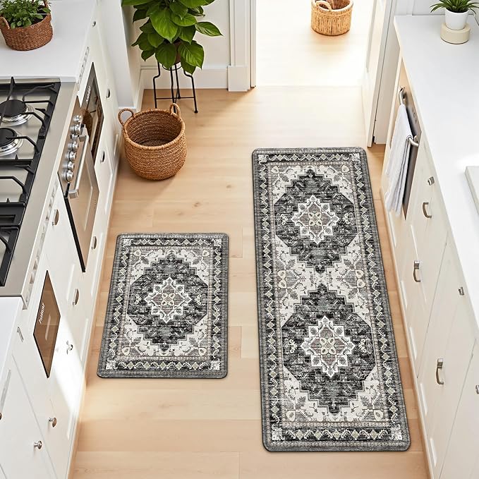 Boho Kitchen Mats for Floor 2 Piece Set Anti Fatigue Cushioned PVC Kitchen Rugs Non Slip Waterproof Farmhouse Mats 2/5 Inch Comfort Standing Mat for Laundry, 17.3"x59"+17.3"x28", Black Brown Grey