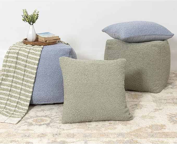 L. R. Resources, Inc. LR Home Handmade Contemporary Solid Boucle Square Indoor Medium Pouf Ottoman, Blue | Foot Rest for Bedroom, Living Room & Dorm Decor | 18 x 18 x 18 Filled Pouf for Seating