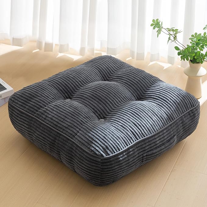 HIGOGOGO 6" Extra Thick Floor Pillow Cushion for Adults, Meditation Cushion Pillow, Large Square Floor Sitting, Tufted Corduroy Cover, for Tatami Living Room or Yoga, 22x22 Inch, Dark Grey