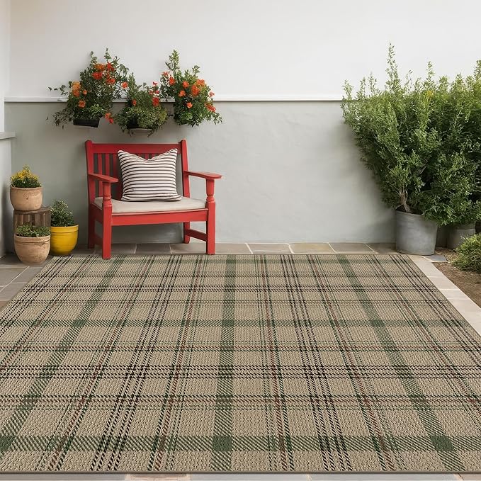 JTJ 5x7 Plaid Area Rug for Living Room - Large Indoor Outdoor Rug for Porch, Bedroom Under Bed, Non Slip Modern Farmhouse, Easy Jute Washable Beige and Sage Green Striped Aesthetic Room Decor