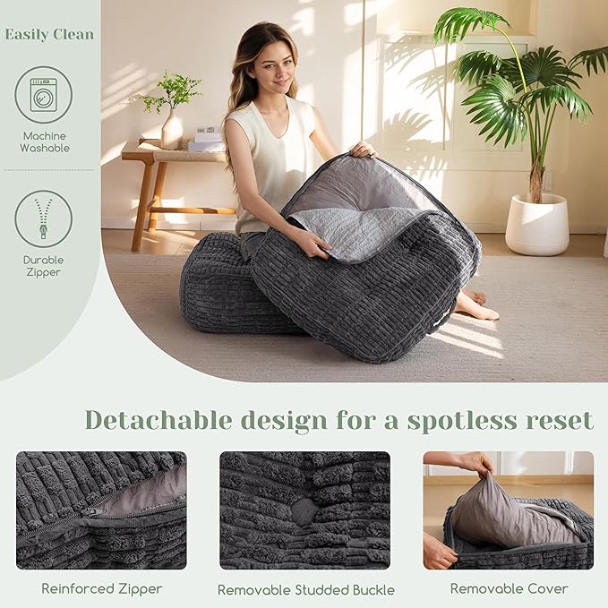 8" Washable Floor Pillow Cushion for Adults, Meditation Cushion Pillow, Removable Tufted Blended Corduroy Cover, Large Square Floor Sitting for Tatami Living Room or Yoga, 2Pack, Machine Washable