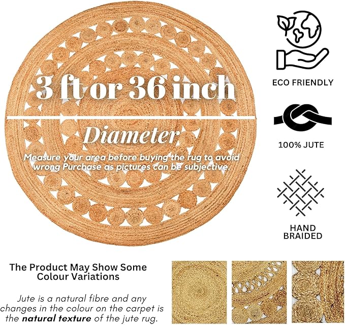 Hand Woven Jute Area Rug - 3' Round - Rustic Beige Reversible Farmhouse Rugs for Living Room, Bedroom, Kitchen - Vintage Natural Braided Entry Floor Décor Circle Boho Round Jute Rug 3ft