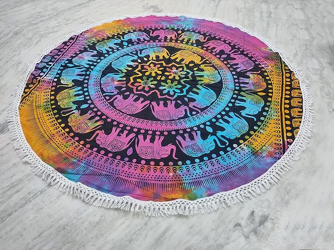 Round Beach Tapestry Turquoise Mandala Throw/Boho Hippie Beach Blanket Roundie/Indian Cotton Bohemian Large Round Table Cloth-Home Decor/Yoga Mat Meditation Picnic Rug (42", Multi Color)