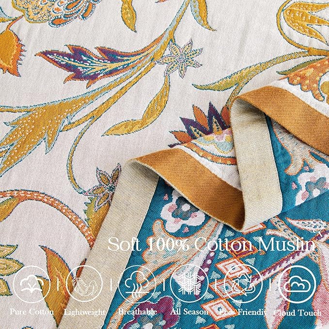Fall Throw Blanket for Couch, Brown Boho Decorative Throw Blanket, 100% Cotton Muslin Breathable Woven Farmhouse Blankets Quilt, 80"x90" Reversible Lightweight Blankets Bohemian Throw Quilt