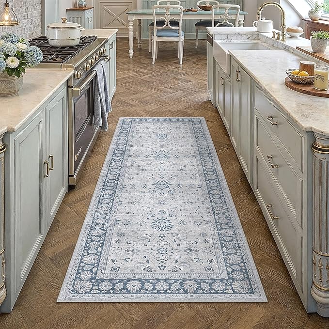 2x6 Runner Rug Blue Washable Hallway Vintage Carpet Kitchen Small Long Non Slip Stain Soft Resistant Low Pile Thin Boho Accent Indoor Throw Rug for Bedroom Laundry Living Room