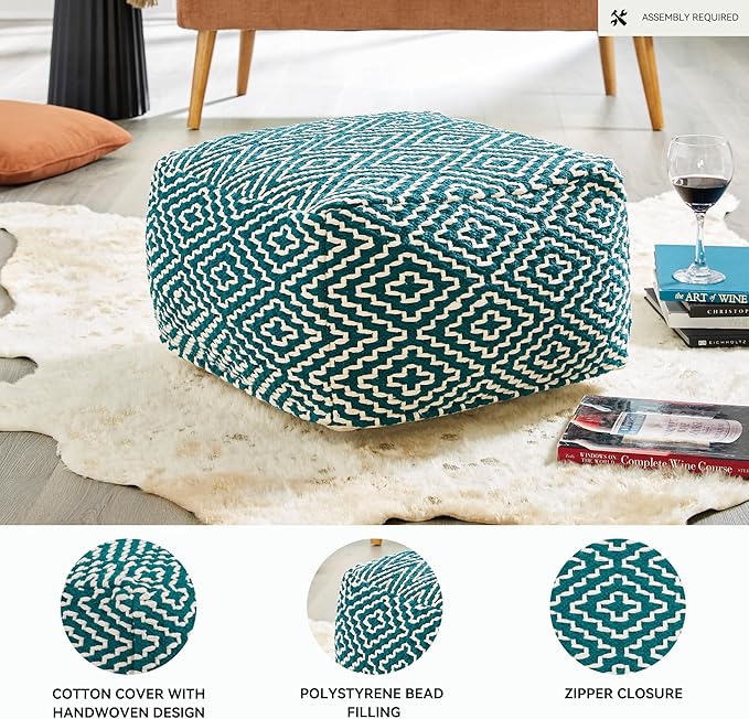 Signature Design by Ashley Brynnsen Casual Handwoven Geometric Pouf, Green & White