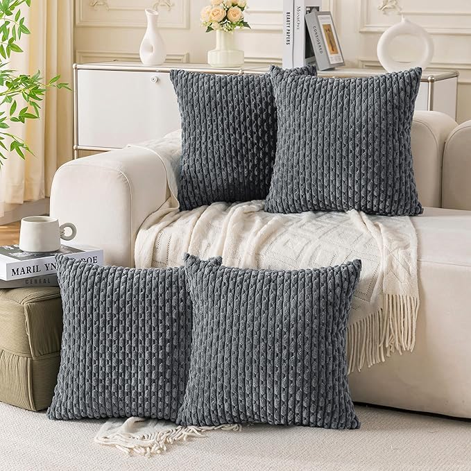 Set of 4 Medium Grey Decorative Throw Pillow Covers 18x18 Inch Corduroy Pillow Covers for Bed Couch Sofa Living Room Soft Square Cushion Cases