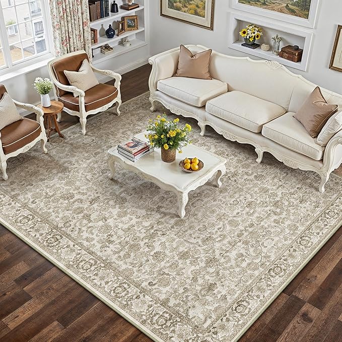 HUGEAR Brown Area Rug 5x7 Machine Washable Living Room Rugs Distressed Neutral Vintage Floral Low Pile Carpet Bedroom Office Dining Room Laundry Room Non Slip Soft Lightweight