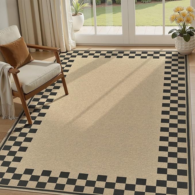 5x7 Jute Rug for Living Room: Farmhouse Carpet Indoor Outdoor Washable Non Slip Area Rug for Bedroom Patio Backyard Dining Room Table Home Office - Checkered Brown