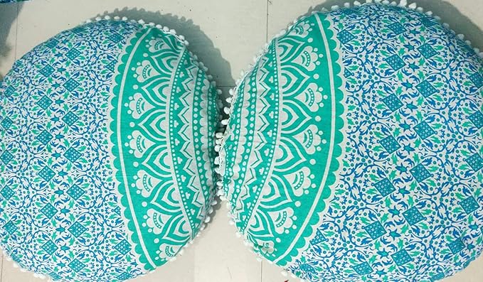 CRAFT KALA Mandala Floor Pillow Cushion Cover Seating Throw Cover Hippie Decorative Bohemian Ottoman Poufs Pom Pom Pillow Cases Boho Indian Cotton Living Room Home Décor 24" Round Set Of 2 Green Ombre
