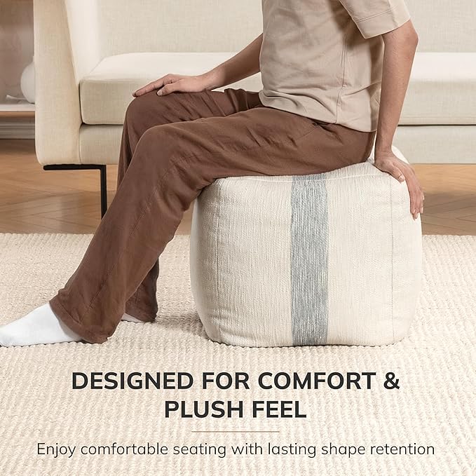 Anji Mountain Pouf Ottoman Foot Rest, Handmade Ottoman Pouf, Comfortable Foot Stool, Decorative Floor Seating for Living Room Decor, Bedroom & Home Décor Accent - Ash Stripe