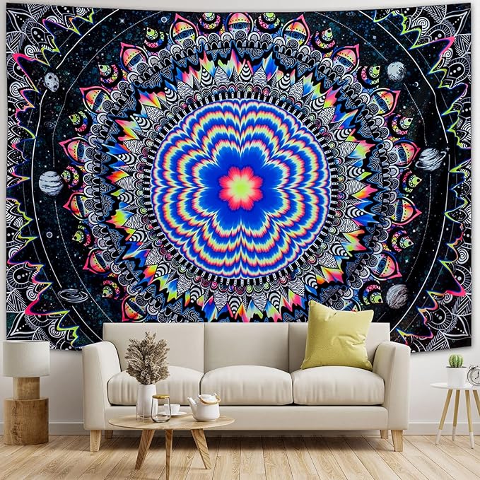 Amonercvita Blacklight Tapestry Trippy Mandala Tapestries UV Reactive Galaxy Stars Tapestry Psychedelic Neon Tapestries Wall Hanging Hippie Black Light Poster for Bedroom