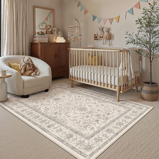 3x5 Area Rug Beige Washable Entryway Vintage Carpet Office Small Non Slip Stain Soft Resistant Low Pile Thin Boho Accent Indoor Throw Rug for Laundry Kitchen Bathroom Entrance Bedroom