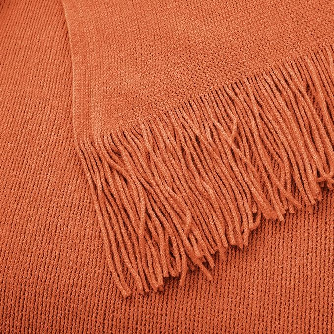 Vonty Rust Orange Knitted Blanket with Tassels Fringe 60" x 80", Super Soft Knit Throw Blanket, Farmhouse Decorative Lightweight Blanket for Couch, Sofa, Bed