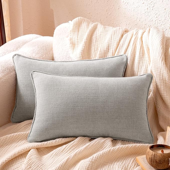 Amazon Basics Faux Linen Throw Pillow Covers with Hidden Zipper Closure, 12 × 20in, Light Gray, Pack of 2
