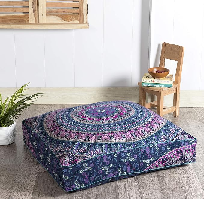 Popular Handicrafts Floor Pillow Cushion Cover - Hippie Mandala Square Ottoman Indian Elephant Camel Daybed Oversized Cotton Cushion Cover with Heavy Duty Zipper - Dog-Pets Bed, 35" Blue Pink