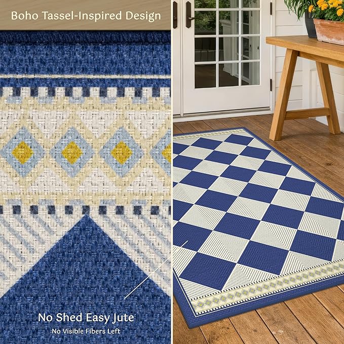 Checkered Easy Jute 3x5 Navy Blue Indoor Outdoor Rugs for Entryway, Washable Non Slip Diamond Boho Coastal Rug for Porch, Modern Minimalist Front Door Mat, Kitchen, Bathroom and Balcony Carpet