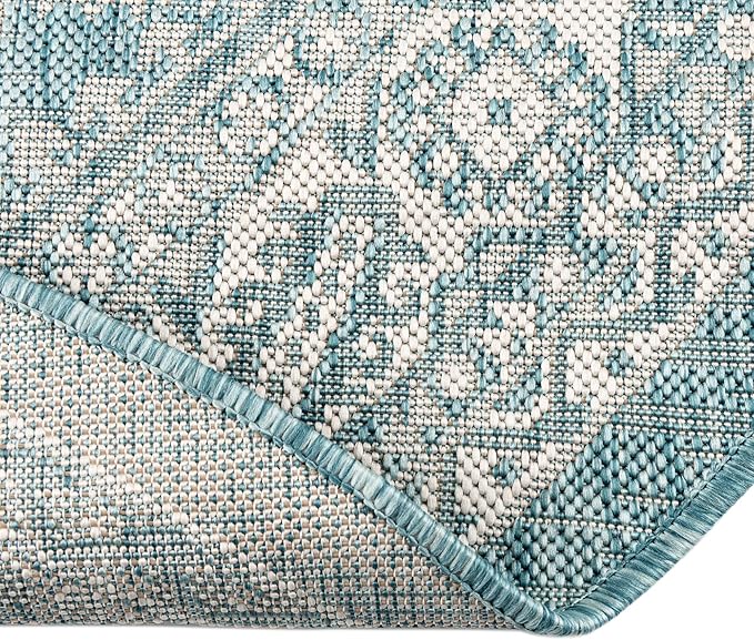 Rugs.com Outdoor Aztec Collection Rug – 8 Ft Round Aqua Flatweave Rug Perfect for Kitchens, Dining Rooms