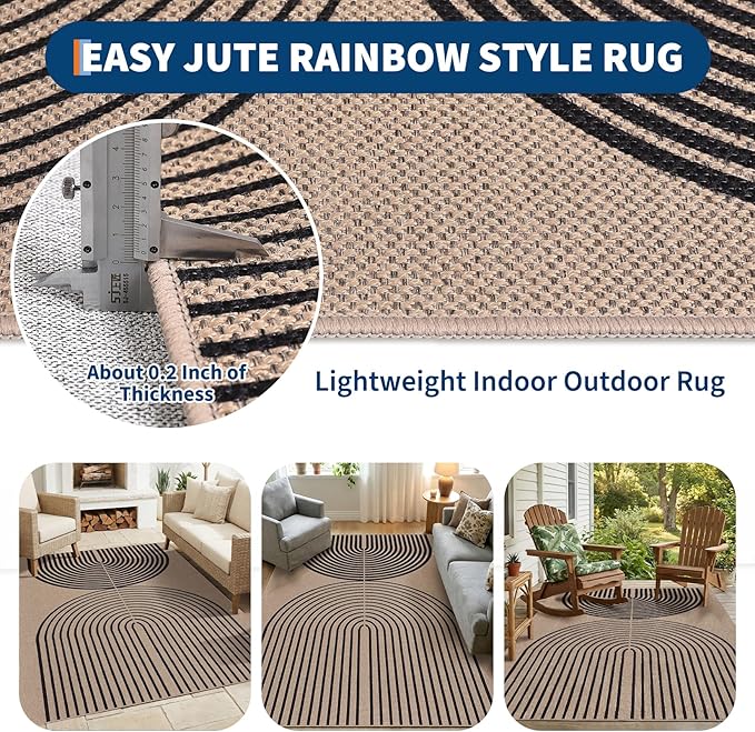 GarveeHome Modern Rainbow Easy Jute Rug 5x7, Washable Area Rugs for Living Room Farmhouse Dining Room, Contemporary Natural Non Slip Floor Carpet for Office RV Patio