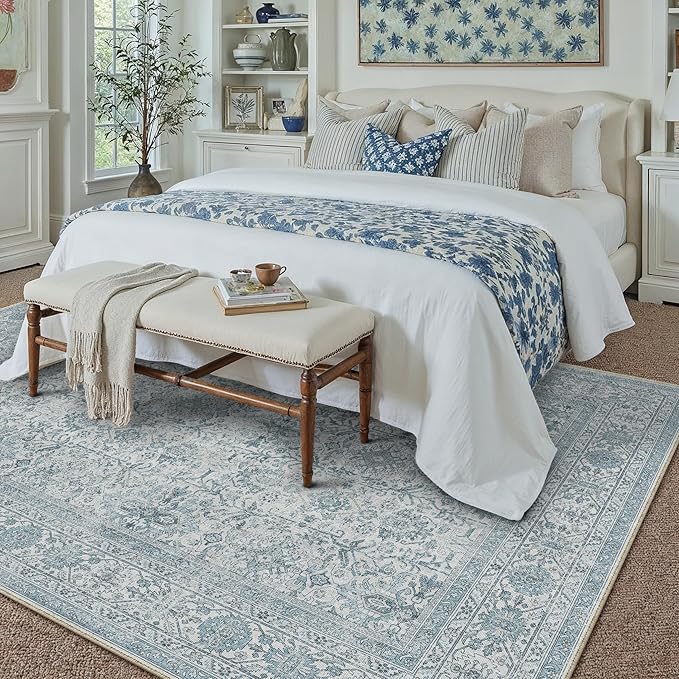 Area Rug 9x12 Blue Washable Living Room Carpet Soft Non Slip Vintage Bedroom Indoor Office Traditional Retro Distressed Large Throw Rug for Dining Room Playroom