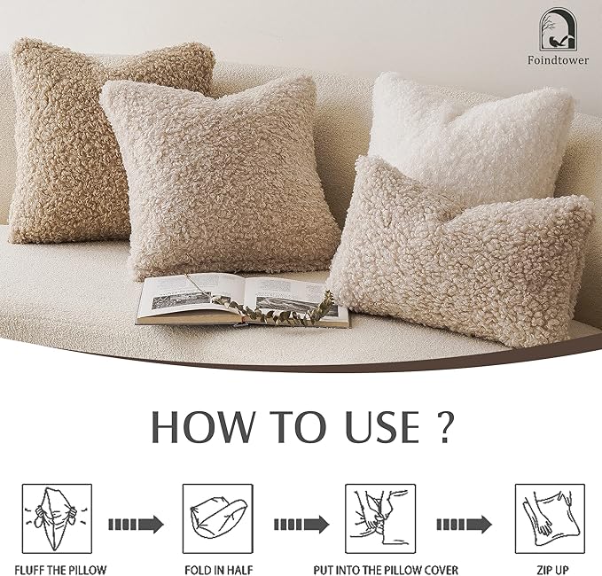 Foindtower 2 Pieces 16x16 Inch Neutral Cream, Faux Fur Throw Pillow Cover Accent Sherpa Pillow Fuzzy Soft Pillowcases Sheepskin Decorative Fleece Cushion Case for Bed Couch Living Room