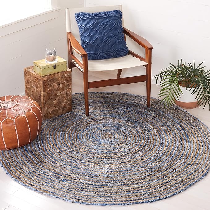 SAFAVIEH Area Rug 4' Round - Cape Cod Collection - Blue & Natural Brown, Handmade Jute & Cotton, Woven Braided Design (CAP202M)