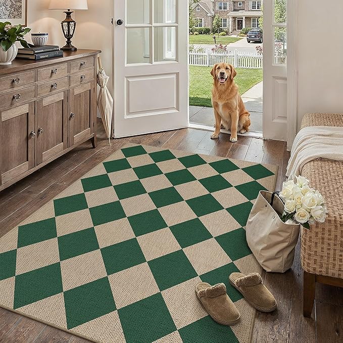 4x6 Checkered Easy Jute Area Rug for Living Room Checkerboard Washable Indoor Outdoor Carpet Farmhouse Patio Office Mat Geometric Non Slip Green Carpet for Dorm Backyard Dining Room