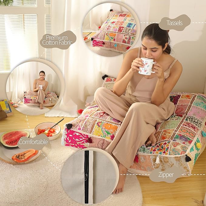 THE ART BOX Cotton Patchwork Vintage Boho Embroidered Floor Pillows & Cushion Cover Dog Pouf Seating Pouf Meditation Pillow Pet Bedding Cat Bed Boho Home Décor (35x35 Inches, Cover Only)