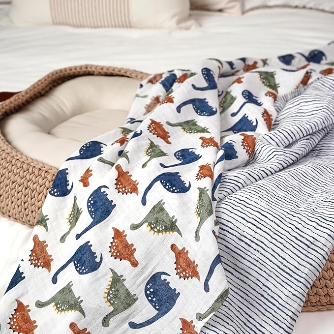 Gerber Baby Unisex 2-Pack Muslin Blanket, Dino Time, One Size