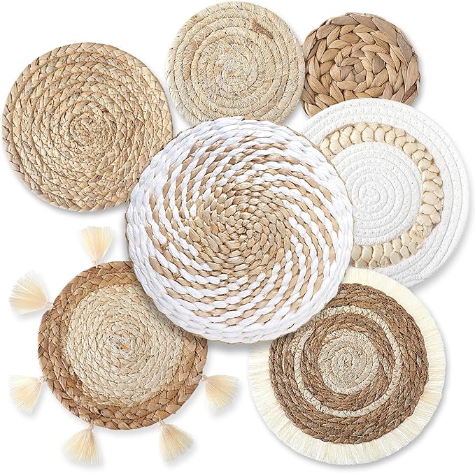 Beeveer 7 Pcs Boho Wall Baskets Decor Hanging Rustic Rattan Wicker Wall Basket for Farmhouse Living Rooms Bedrooms Kitchen Decorations(Classic Style)