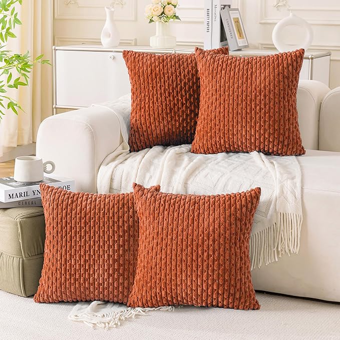 Set of 4 Burnt Orange Decorative Throw Pillow Covers 22x22 Inch Corduroy Pillow Covers for Bed Couch Sofa Living Room Soft Square Cushion Cases