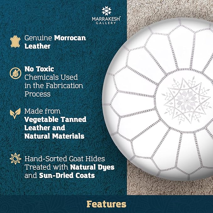 Marrakesh Gallery Genuine Leather Round Pouf Unstuffed - Moroccan Ottoman Footstool, Footrest Cover - Boho Decor - Bohemian Living Room, Bedroom, Kids Room, Gift & Wedding