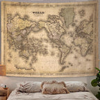 GOAOK Retro Vintage Map World Map Tapestry, 90"x70", Polyester, Wall Mount, Bedroom & Office