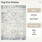 10x14 Area Rugs for Living Room, Non Slip Machine Washable Vintage Rugs, Low Pile Lightweight Large Rug for Bedroom, Dining Room, Home Office Blue Ivory