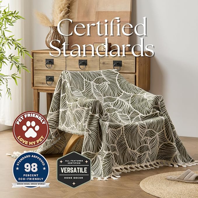 DOWN HOME Chenille Cotton Throw Blanket for Couch, Lightweight Boho Blanket for Bed Sofa Chair Living Room Outdoor Soft Woven Decorative Blanket with Tassel Gift Olive Leaves 55"x60"