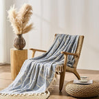 DOWN HOME Chenille Cotton Throw Blanket for Couch, Lightweight Boho Blanket for Bed Sofa Chair Living Room Outdoor Soft Woven Decorative Blanket with Tassel Gift Blue Leaves 60"x80"