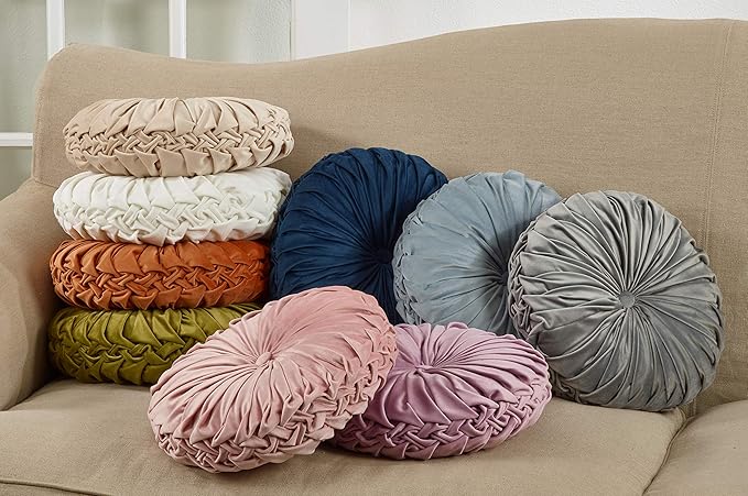 SARO LIFESTYLE Round Velvet Pintucked Poly Filled Throw Pillow (Set of 2)