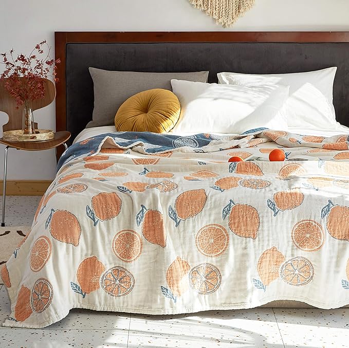 Scientific Sleep Lemon 100% Cotton Muslin Blanket Throw Cover for Bed Couch Sofa Cozy Soft Reversible Bedding Lightweight Warm Bedspread Quilt Coverlet Full Queen F/Q 80 in x 90 in