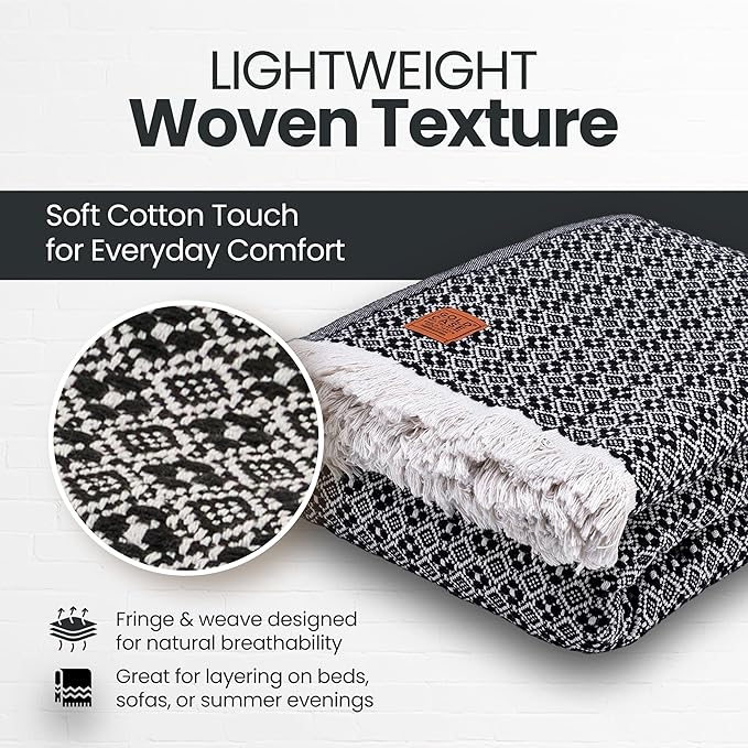 Gold Case Throw Blanket for Bed - 100% Recycled Turkish Cotton Blanket - Retro Lightweight Soft Throw Blankets for Bed & Living Room - Queen Size Cozy Blankets - 90x90 - Black
