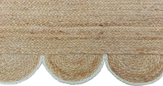 Scalloped Natural Jute Area Rug, Off White Trim 5'x7'