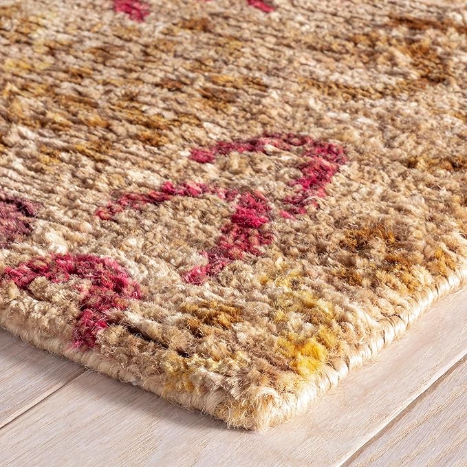 Dash and Albert Horseshoe Spice Hand Knotted Jute Rug, Runner-2.5 X 8 Feet, Neutral/Red Geometric Pattern - Premium Luxury Hotel Quality Soft Breathable Hypoallergenic Machine Washable Easy Care