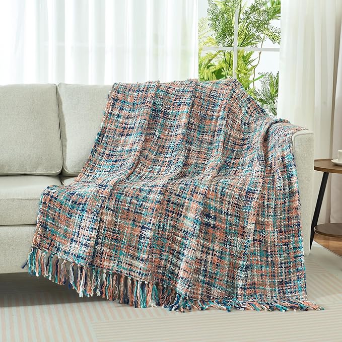 Multi-Color Pink Cable Woven Throw Blanket for Couch,60"X80" Boho Style Textured Blankets for Home Decor,Super Soft Warm Cozy Chunky Blanket with Decorative Tassels for Bed and Sofa
