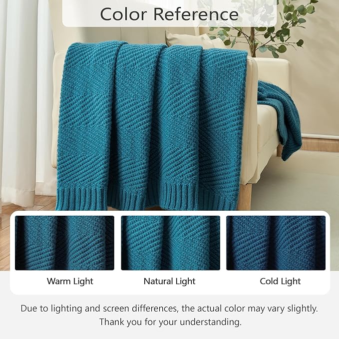 Knitted Throw Blanket 60"X80", Teal Knit Throws for Bed, Super Soft Boho Chevron Blankets for Couch Sofa Chair Room Decor, Textured Decorative Farmhouse Cozy Lightweight