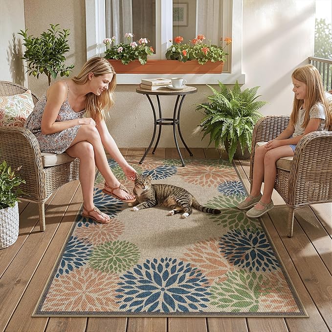 LIVEBOX Modern 3x5 Jute Outdoor Patio Rug, Washable Rugs for Entryway Porch, Tropical Floral Boho Farmhouse Carpet, Non Slip Front Door Mat for Outdoor Indoor Entryway Guestroom Decor (Olive 3'x5')