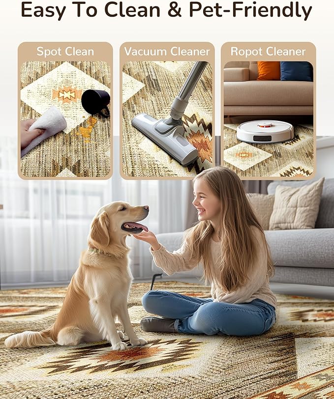 Area Rug 9x12 Rug Machine Washable Non-Slip Low Pile Print Pattern Western Rug for Living Room Bedroom Entryway Tribal Series -Cream/Camel