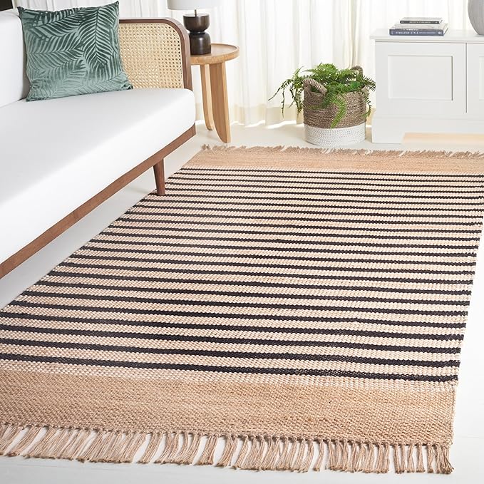 SAFAVIEH Natural Fiber Collection Area Rug - 4' x 6', Natural & Black, Rustic Farmhouse Boho Striped Style, Handmade Jute & Cotton, Ideal for The Living Room, Bedroom, Dining Room (NFB325Z-4)