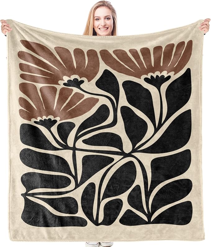 HIWX Boho Abstract Floral Blanket, Boho Brown and Black Abstract Flowers Throw Blanket for Home Living Room Bedroom Decor, Floral Room Decor, 50x60 Inches