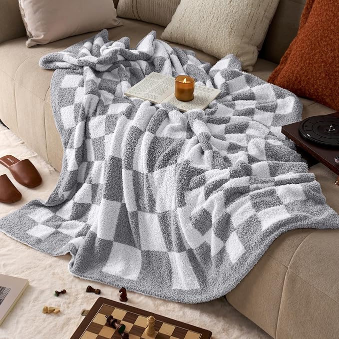 Joiedomi Twin Blanket for Couch Bed, Light Grey Checkered Knitted Blankets Gifts for Women Mom Girls, Cozy Cute Throw Home Room Decor Aesthetic Women Mothers Birthday Gifts 60x80 Inches