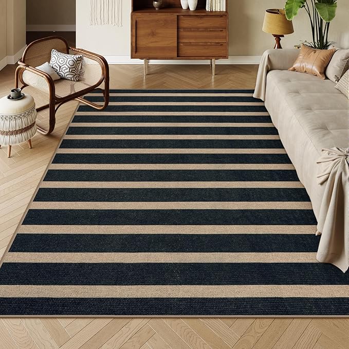 Lahome Elance Striped Easy Jute Area Rug 6x9, Outdoor Patio Rug Neutral Black Carpet for Living Room Classroom, Farmhouse Low Pile Non Slip Non Shedding Floor Carpet for Dining Room Office
