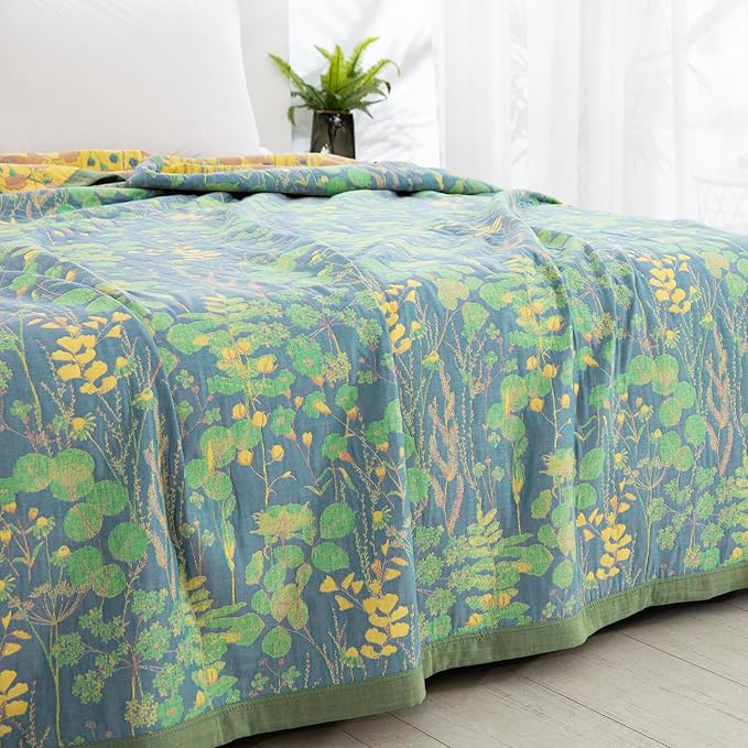 100% Cotton Muslin Botanical Blanket Jacquard Floral Plants Pattern Quilt, Soft Bed Cover Lightweight Breathable Gauzy Reversible Bedspread Coverlet Bedding Twin(59"x94"), No Pillow Sham